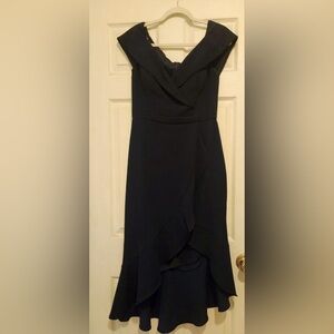 XSCAPE Ruffled Off The Shoulder Navy Blue Dress